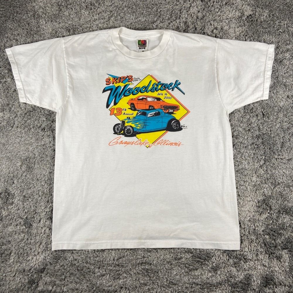 Vintage Fruit of the Loom 2000 Car Show Shirt Mens L White Skip's Woodstock Tee